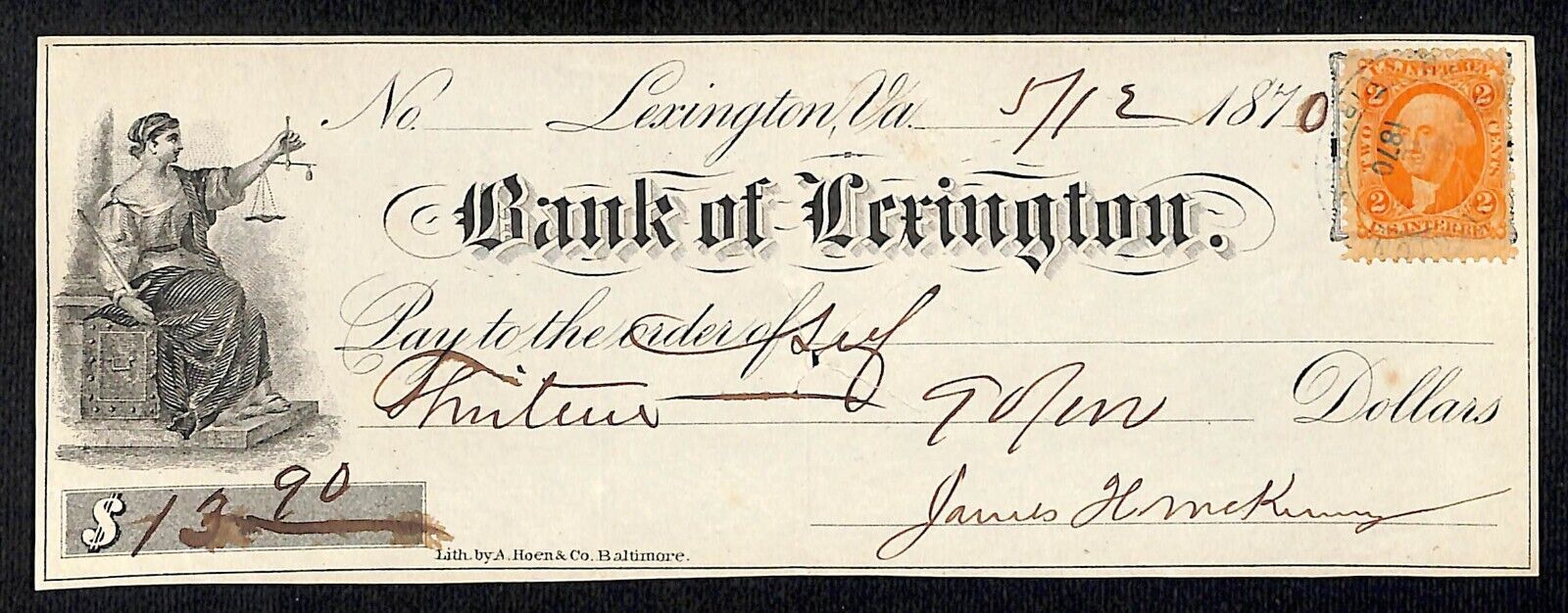 Bank of Lexington VA 1870 $13.90 Bank Check w/ Tax Stamp Vignette