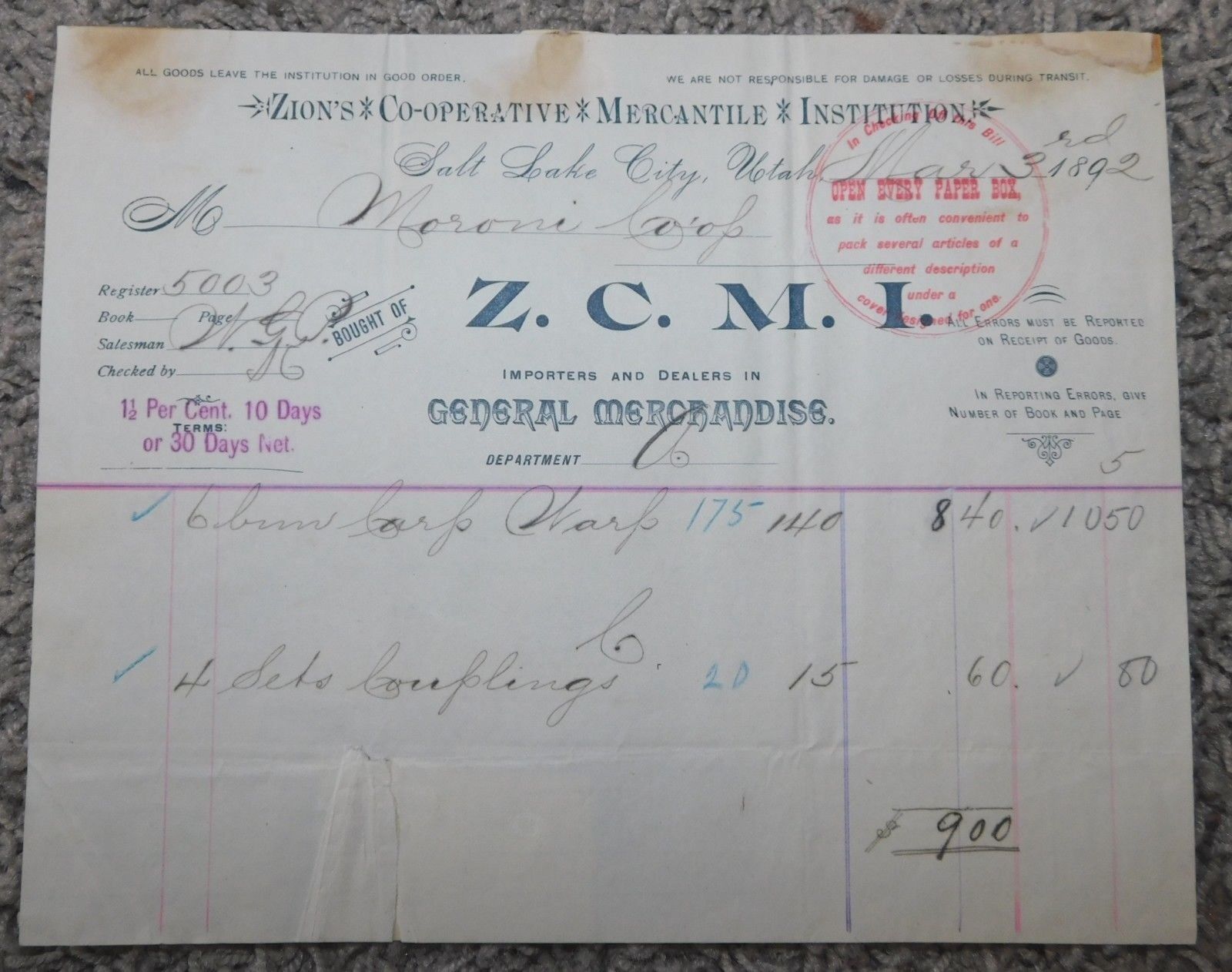 1892 ZCMI Receipt Bill Zion Co-operative Mercantile Institute   Utah Moroni Coop
