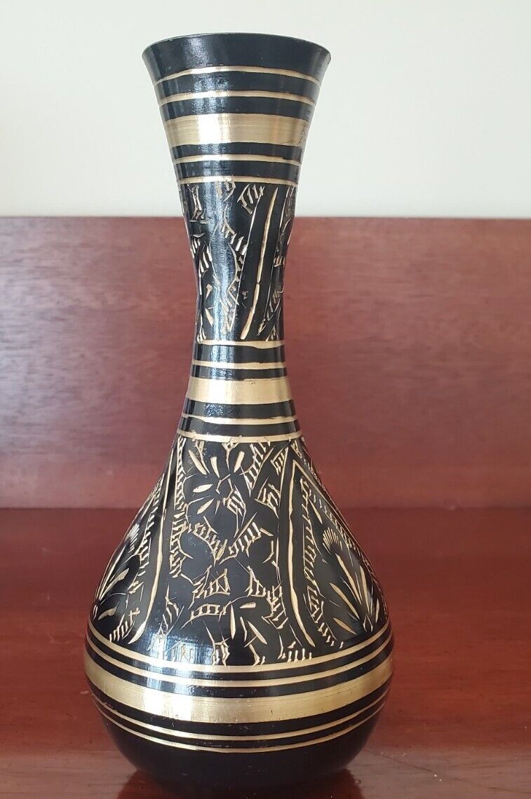 Vintage Solid Brass Black Gold Hand Etched Vase-Floral Design-Signed