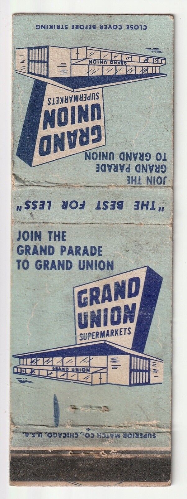 c1950s~Grand Union Supermarkets~New York NY~Vermont VT~Vintage Matchbook Cover
