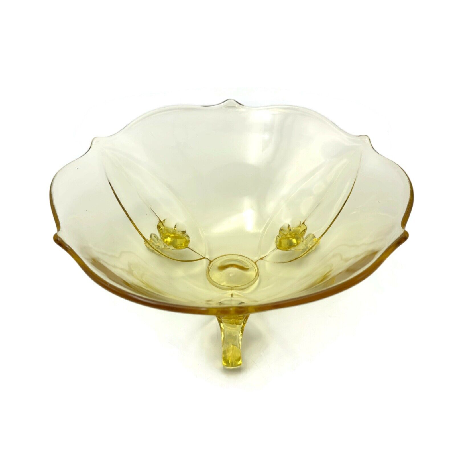 1908-1937 Lancaster Topaz Yellow Depression Glass 3 Footed Petal Serving Bowl