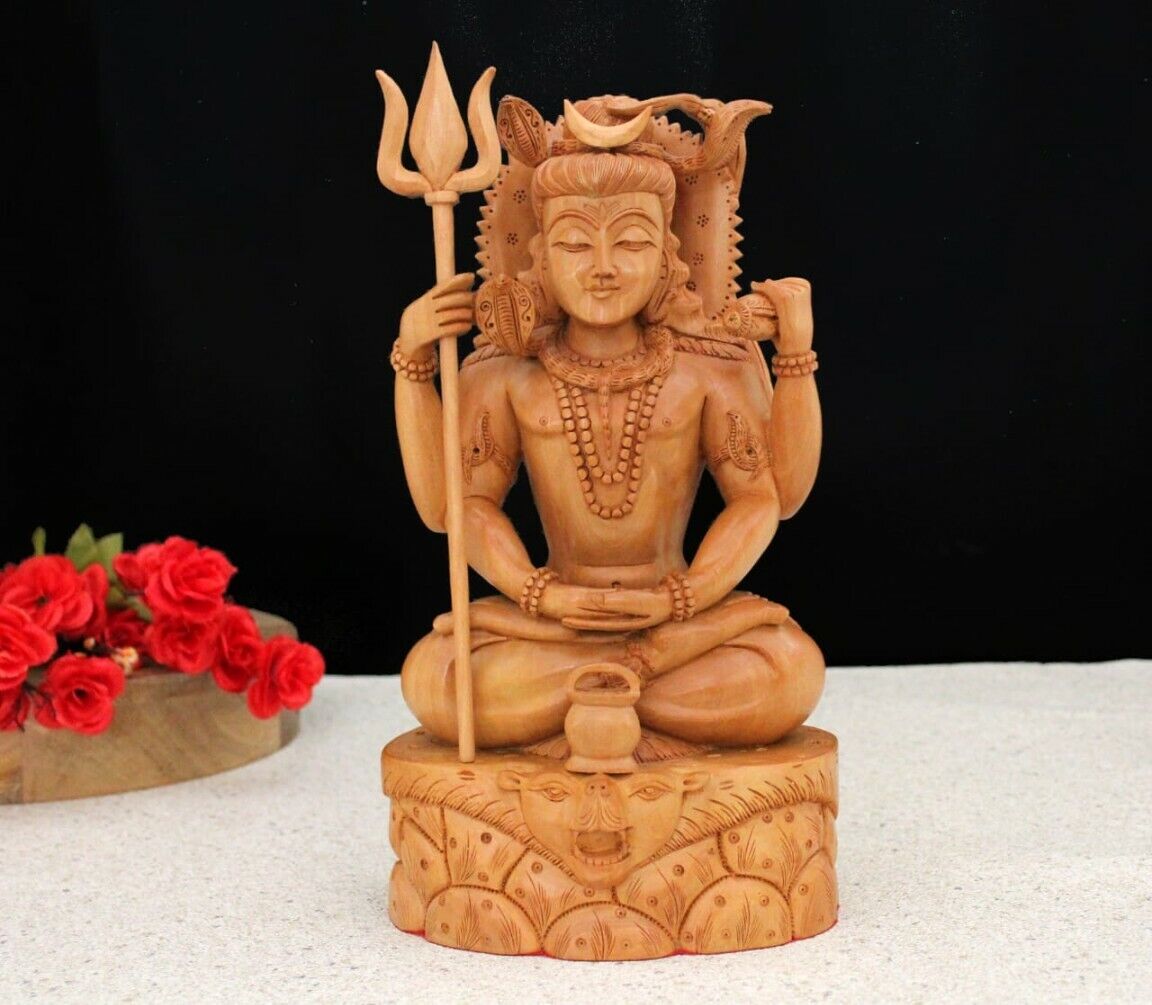 Handmade Wooden Carved Lord Shiva Sculpture Idol Art Figurine Home Decor Feng