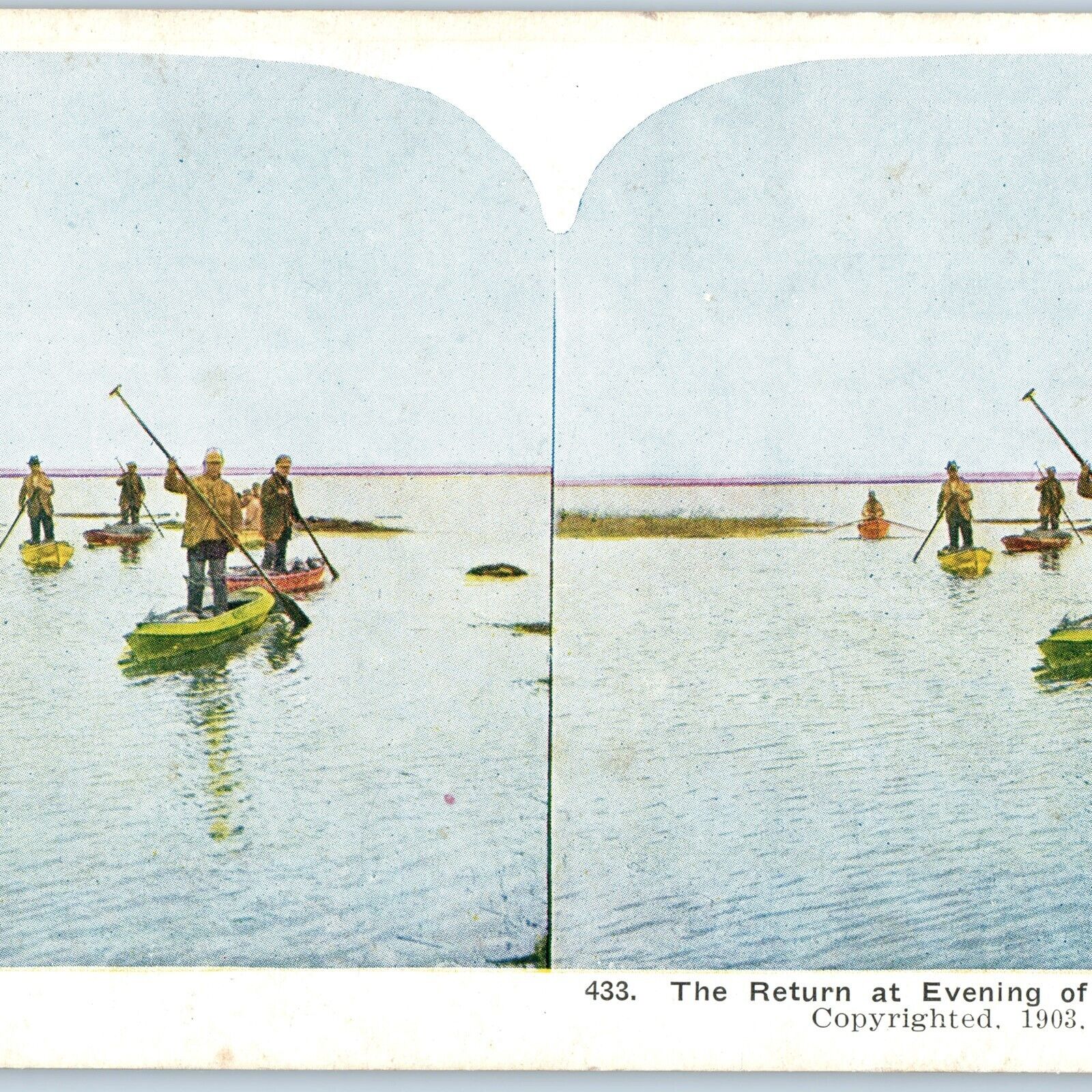 1903 Return at Evening of Duck Hunters Stand Canoe Stereoview TW Ingersoll V37