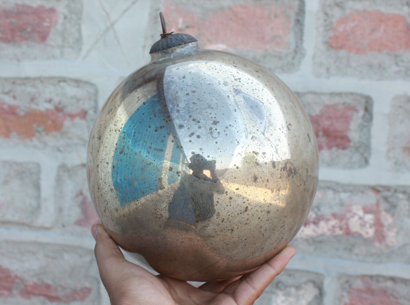 Big German Mercury Kugel Silver Glass Ball - Antique Handmade Christmas Decor
