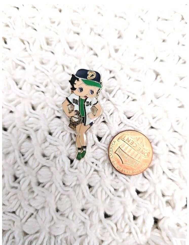 Vtg Betty Boop in Baseball Cap OR D4 Green White Black Enamel Backpack Hat Pin