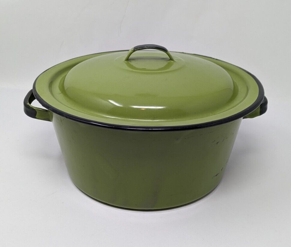 Vintage Green Enamel Stock Pot with Lid & Handles Farmhouse Camping
