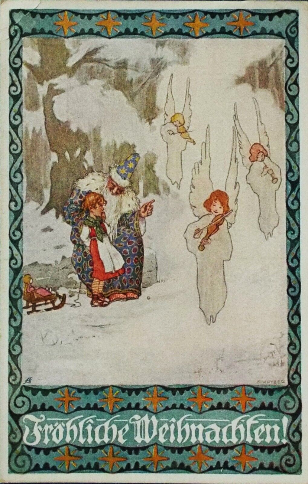Rare 1913 Art Nouveau Santa Angel violin Signed Kutzer Christmas Germany Berlin