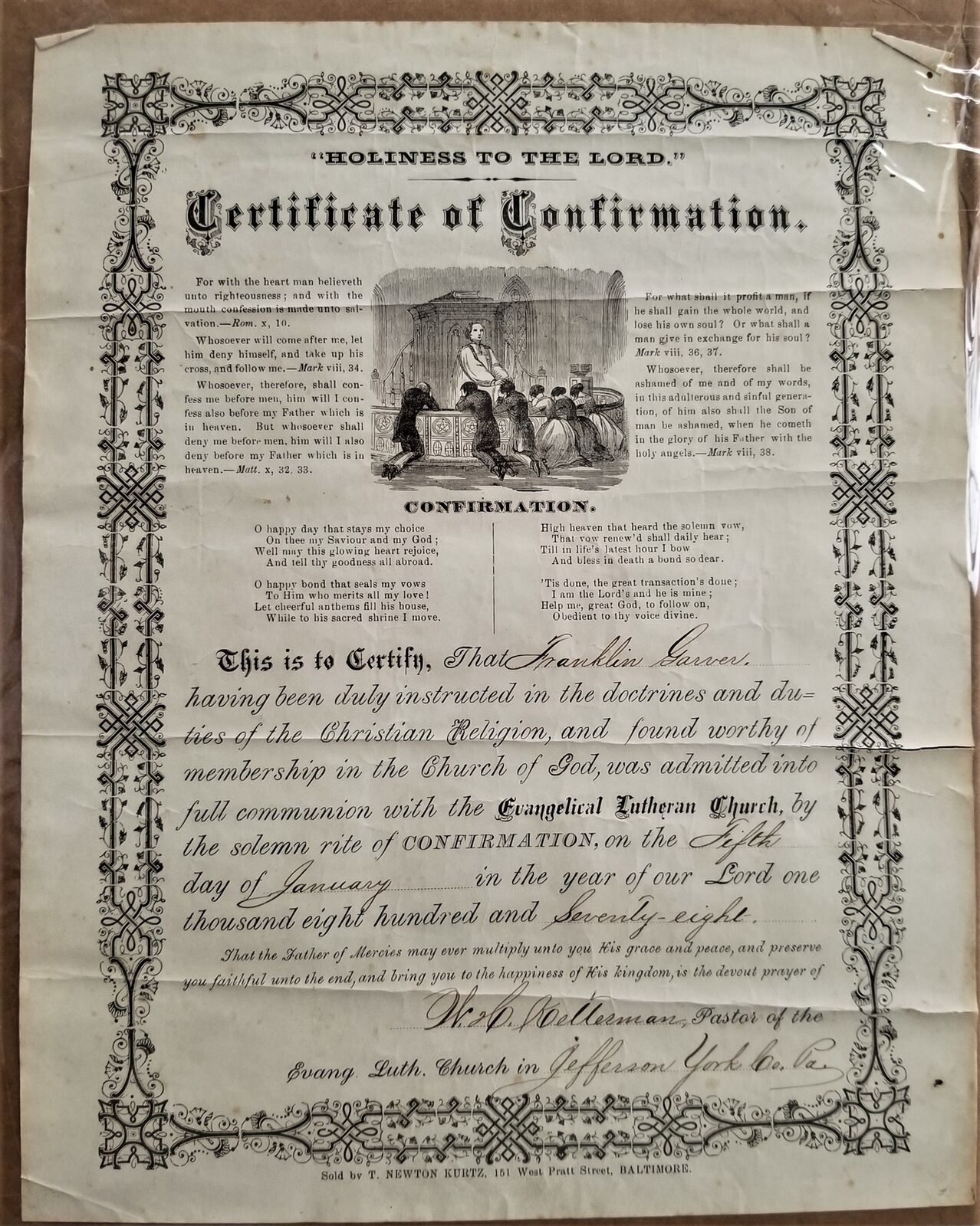 1878 antique CONFIRMATION CHURCH CERT york pa Franklin GARVER signed Kellerman