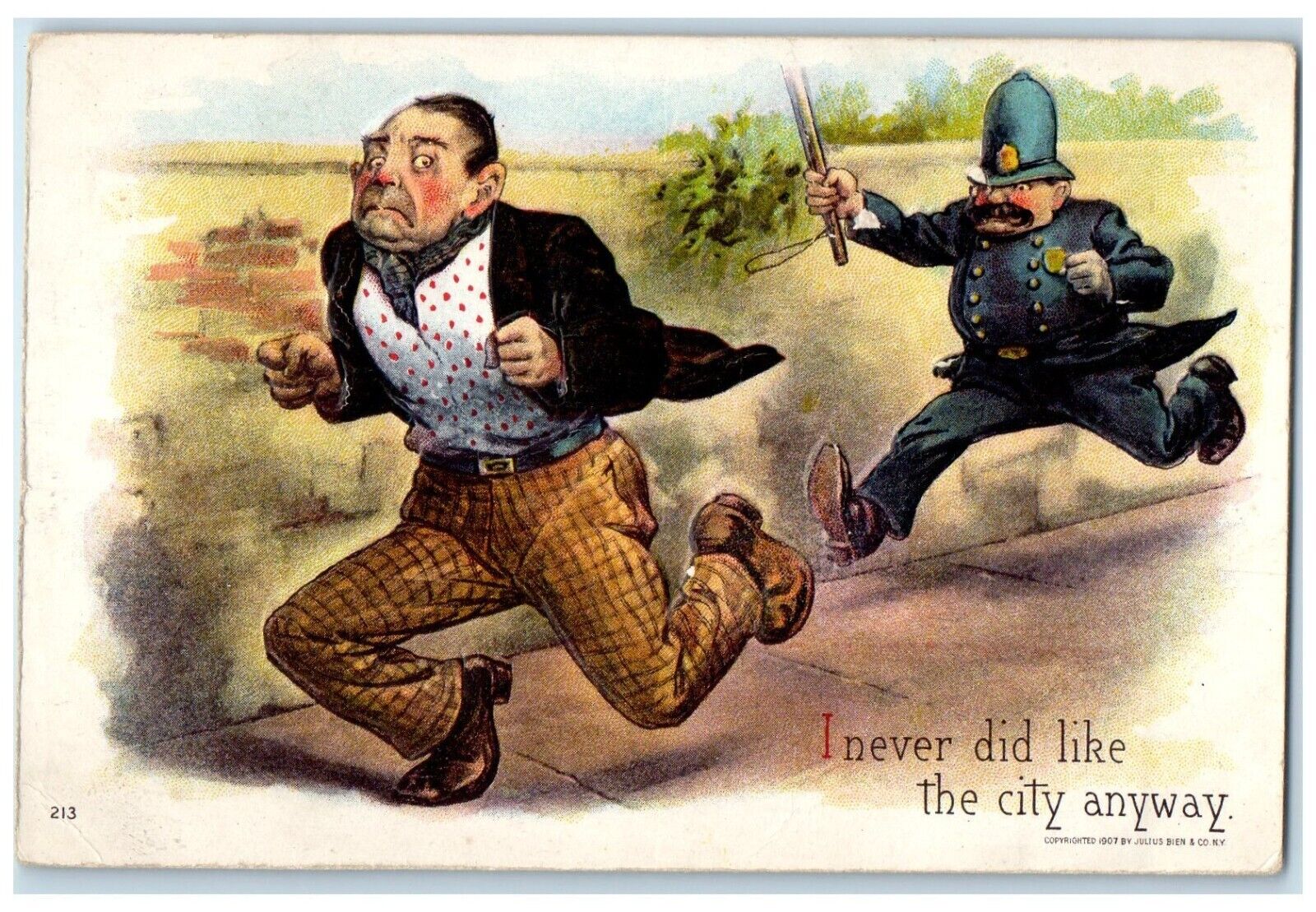 c1910\'s Policeman Chasing Man I Never Did Like The City Anyway Embossed Postcard