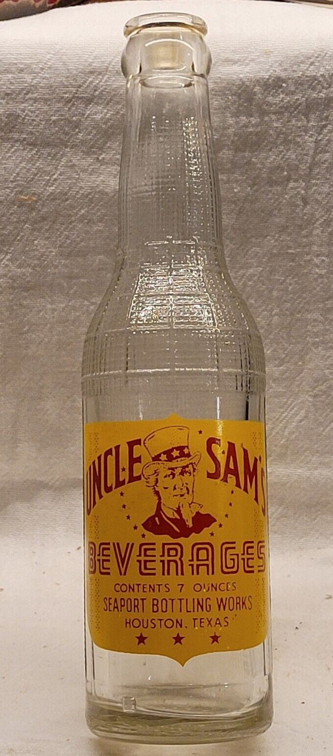 OLD UNCLE SAMS SODA w COLORFUL PIC OF UNCLE SAM SEAPORT CO HOUSTON TEXAS RARE