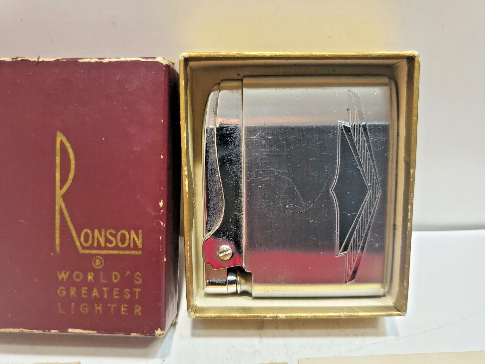 Vintage Working Ronson ADONIS Silver Tone Lighter, Orig. Box   6771/24