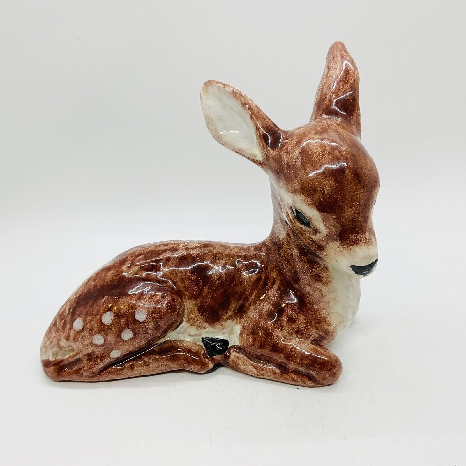 Vintage Resting Brown Deer Figurine With White Spots Marked Hungarian Pottery