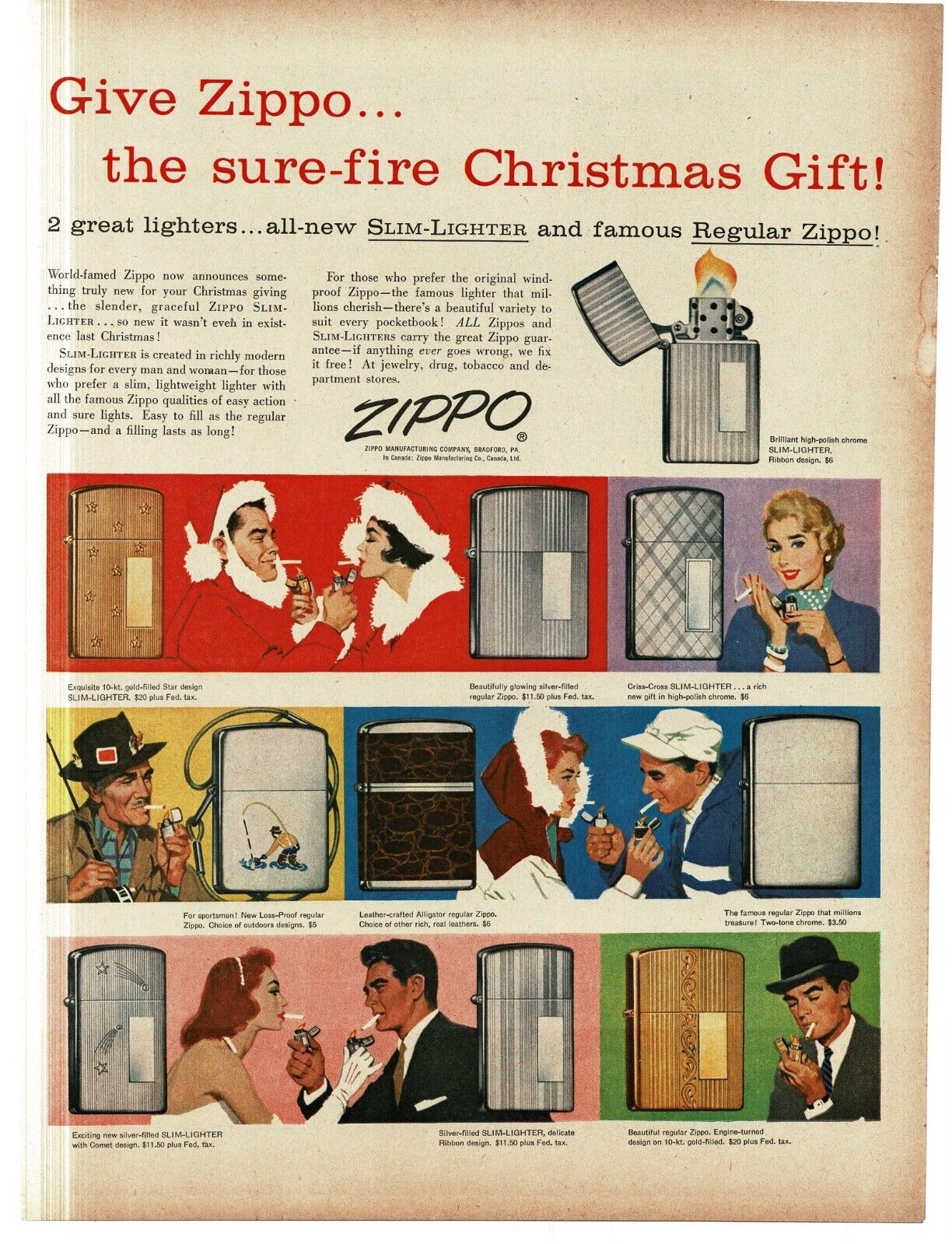 1956 Zippo Cigarette Lighter sure fire Christmas Gift 9 shown Vintage Print Ad