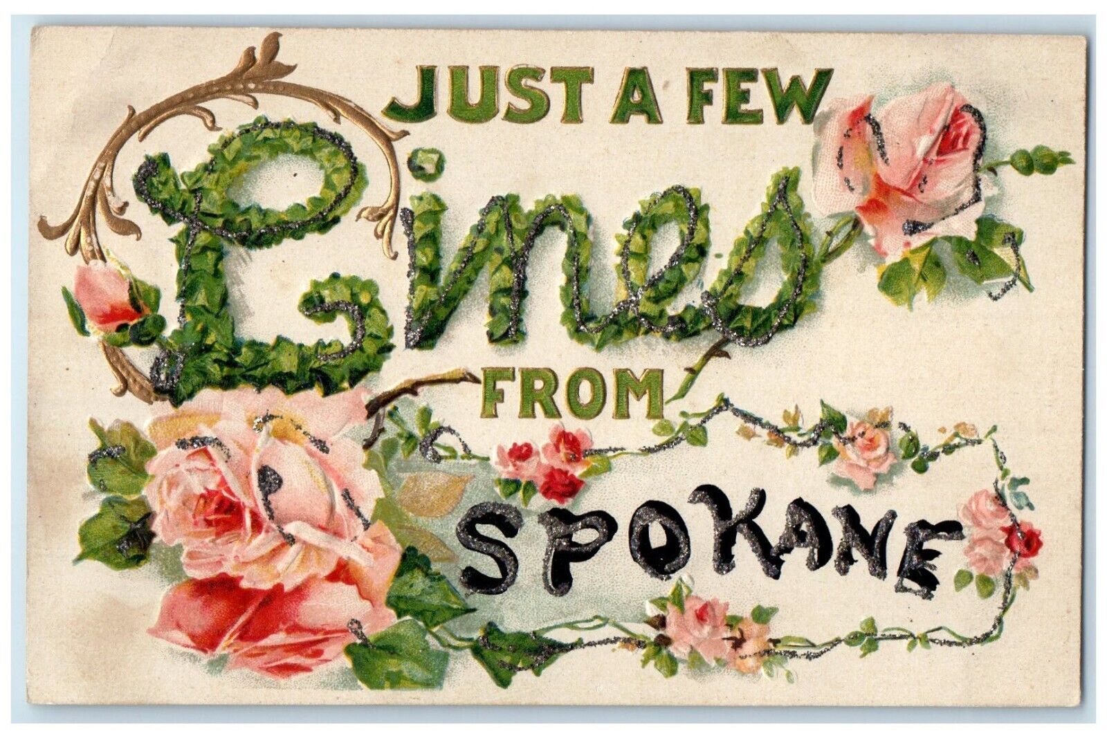 c1910 Just Few Lines From Spokane Washington Embossed Glitter Vintage Postcard