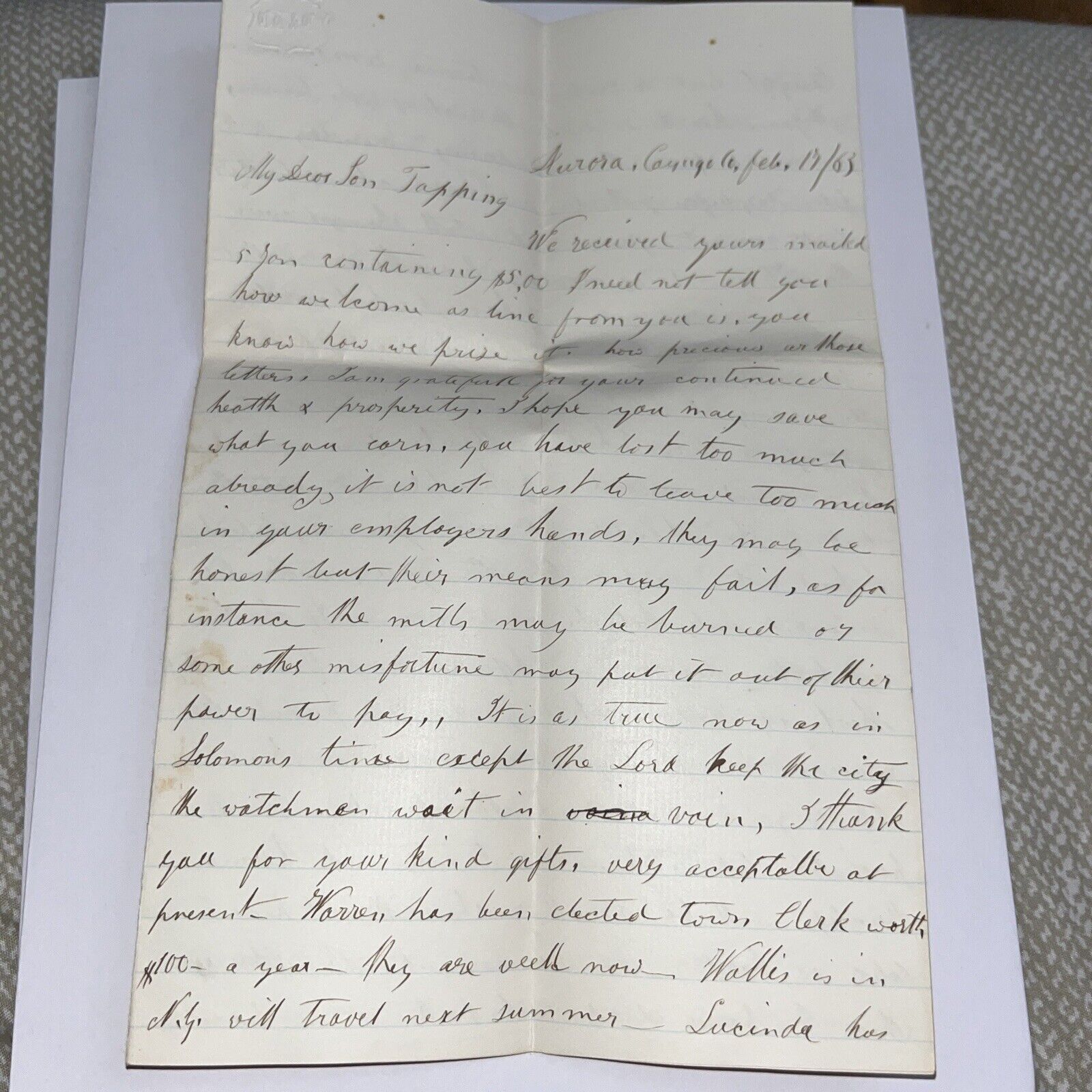 Antique 1863 Civil War Era Letter from Aurora NY - Warren Elected Town Clerk