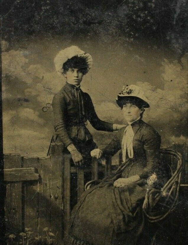 C.1880s Tintype 2 Beautiful Women Large Feathered Hat Wicker Chair Rural Set T2