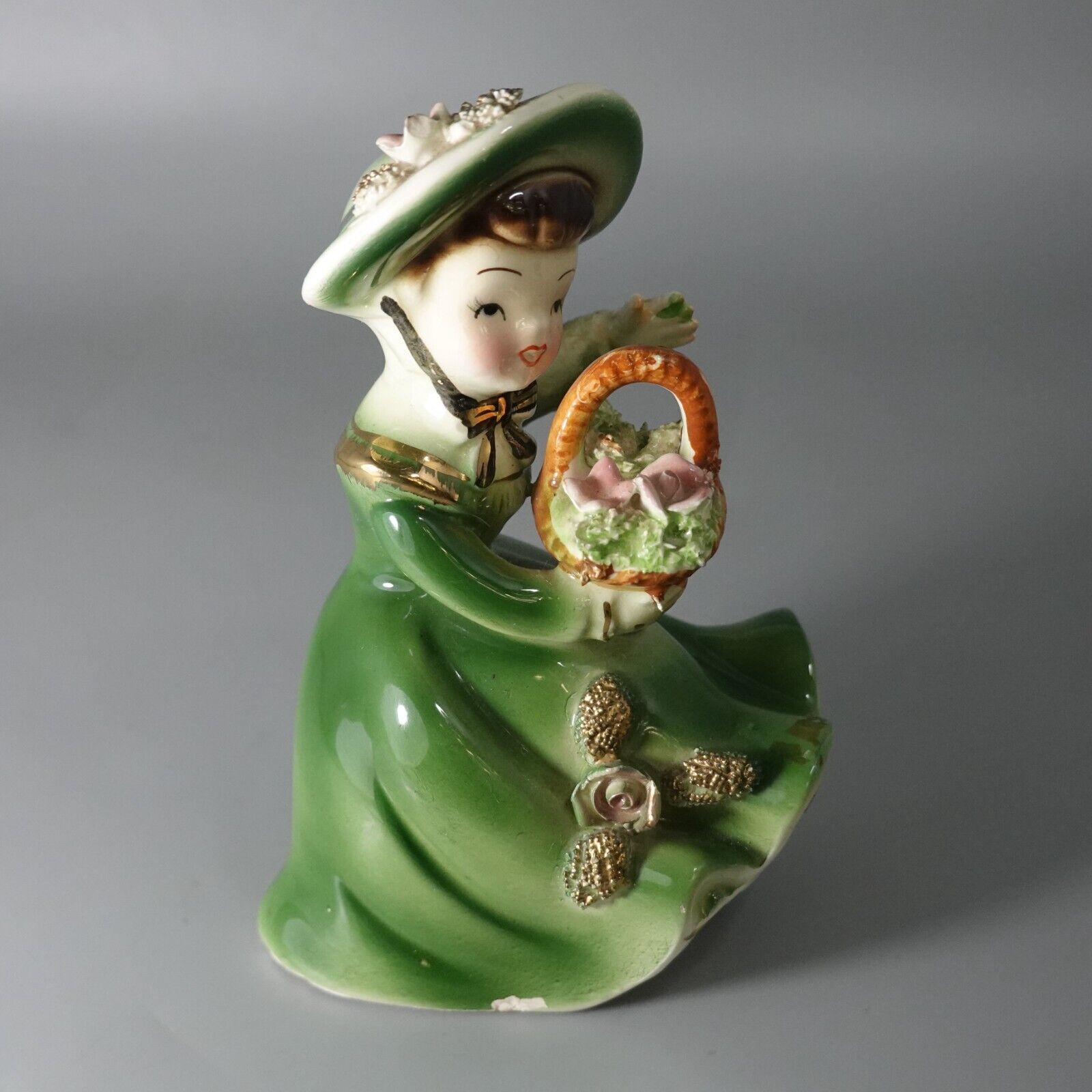 Vintage Victorian Woman In Green Dress With Basket Porcelain Figurine -5\