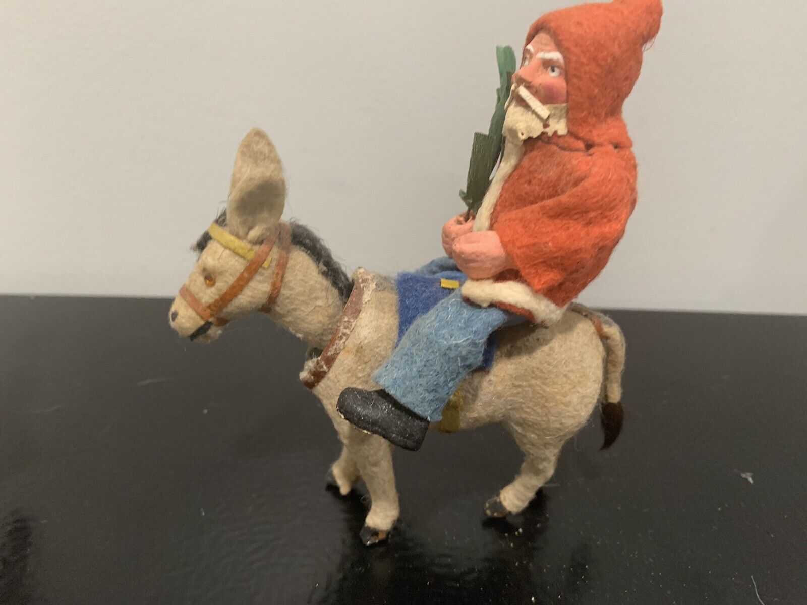 Antique Clay/Composition Belsnickle Santa/Felt German Nodder Donkey Harness #2
