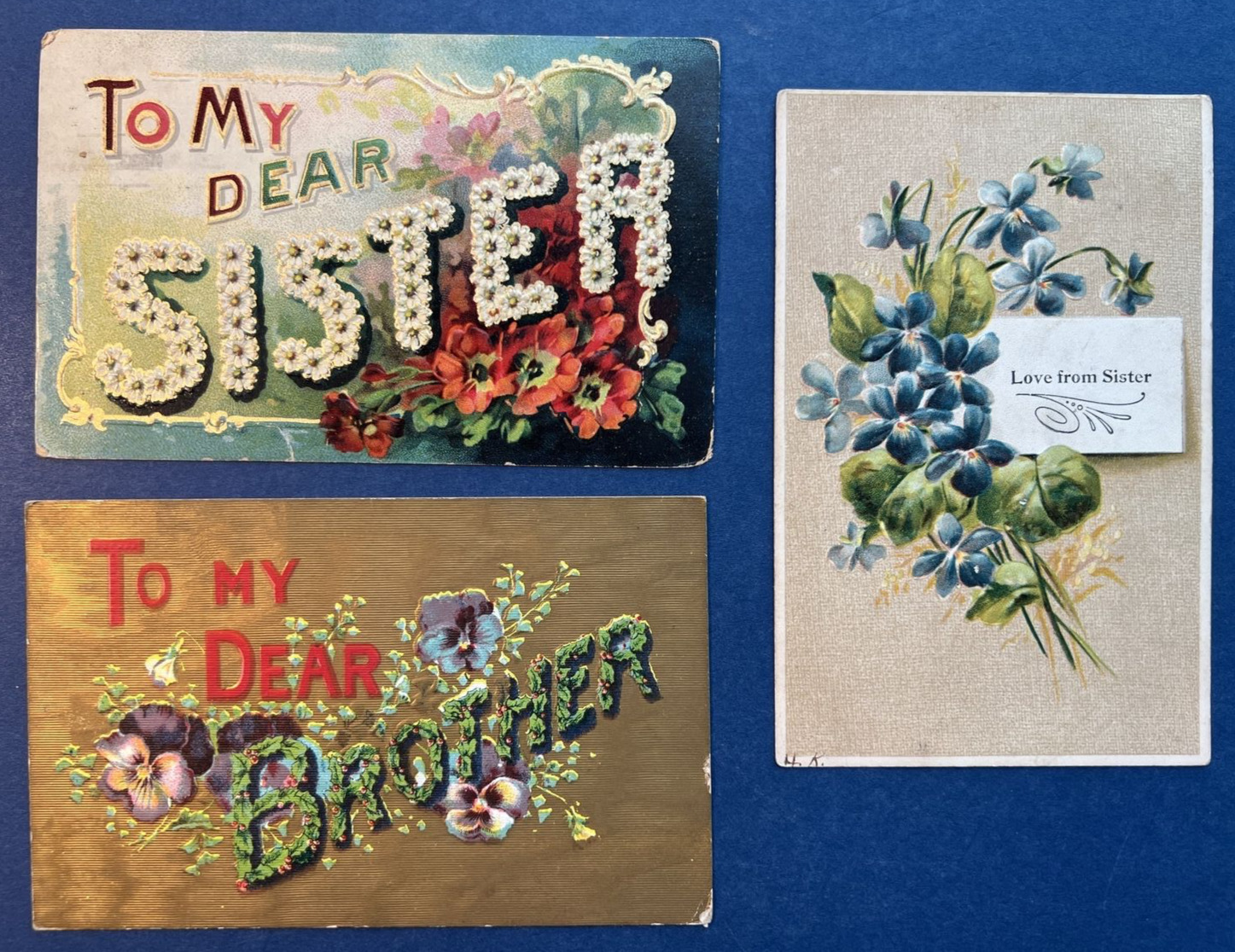 3 Sister, Brother Greetings Antique Postcards. EMB. Gold. Flowers