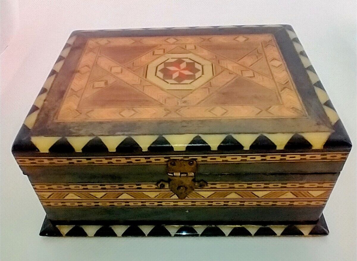 Vintage Spanish Inlaid Wooden Marquetry Box, Geometric Pattern, Red Velvet Lined