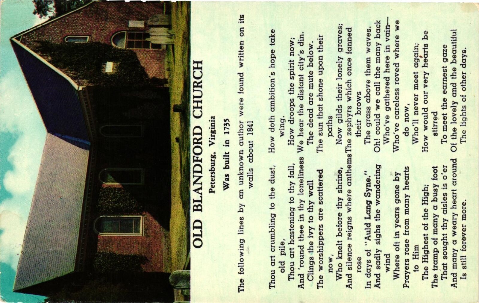Vintage Postcard- OLD BLANDFORD CHURCH, PETERSBURG, VA. 1960s