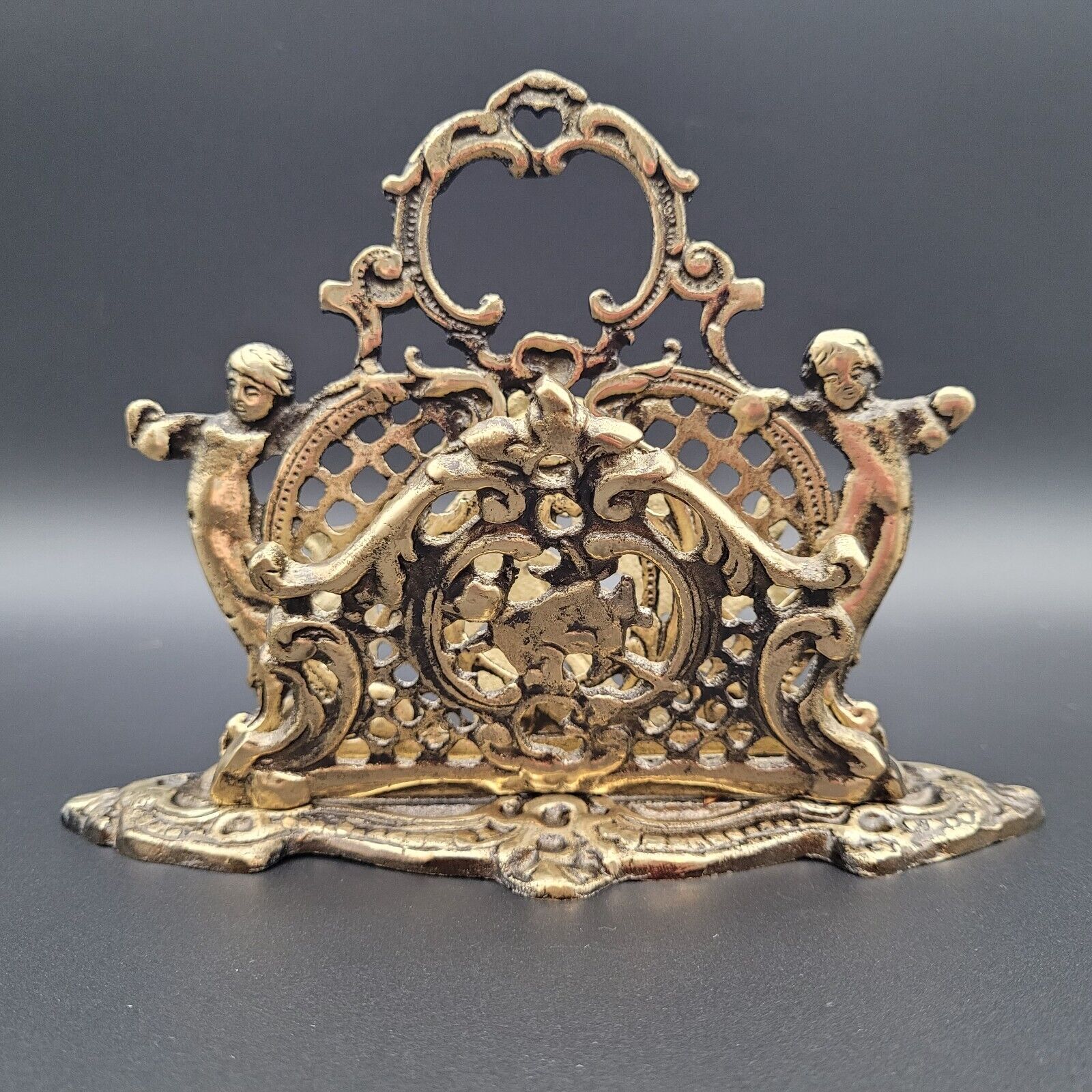 Desk Letter Holder Vintage Ornate Cast Brass Victorian Style Cherubs Japan