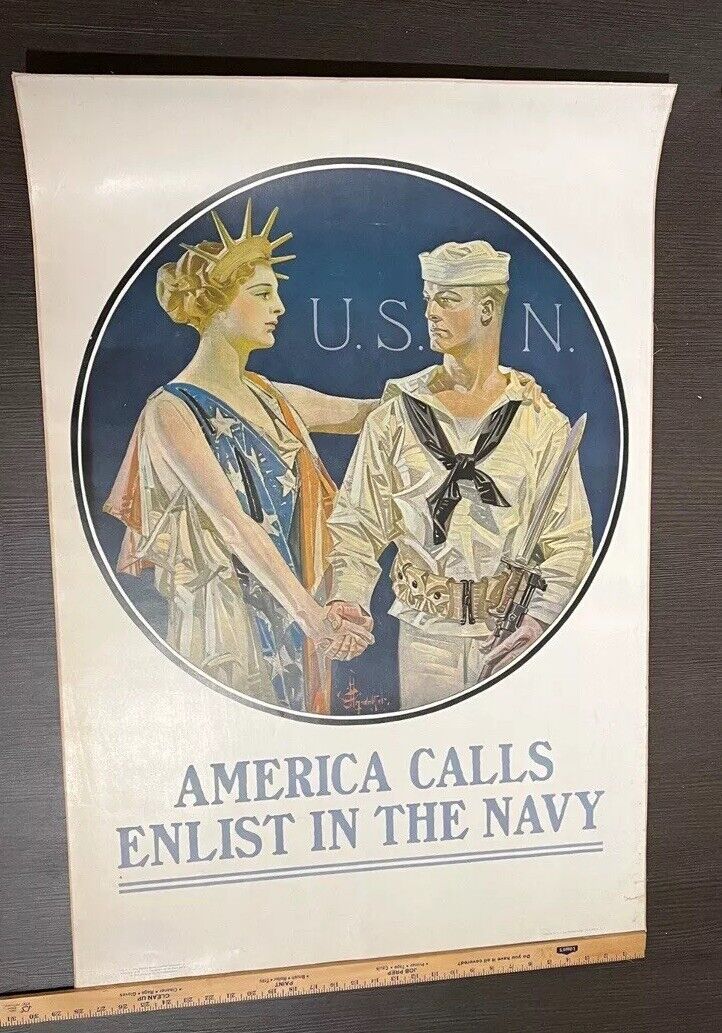 Original WWI Poster America Calls Enlist In The Navy On Linen 28.25x40.25”