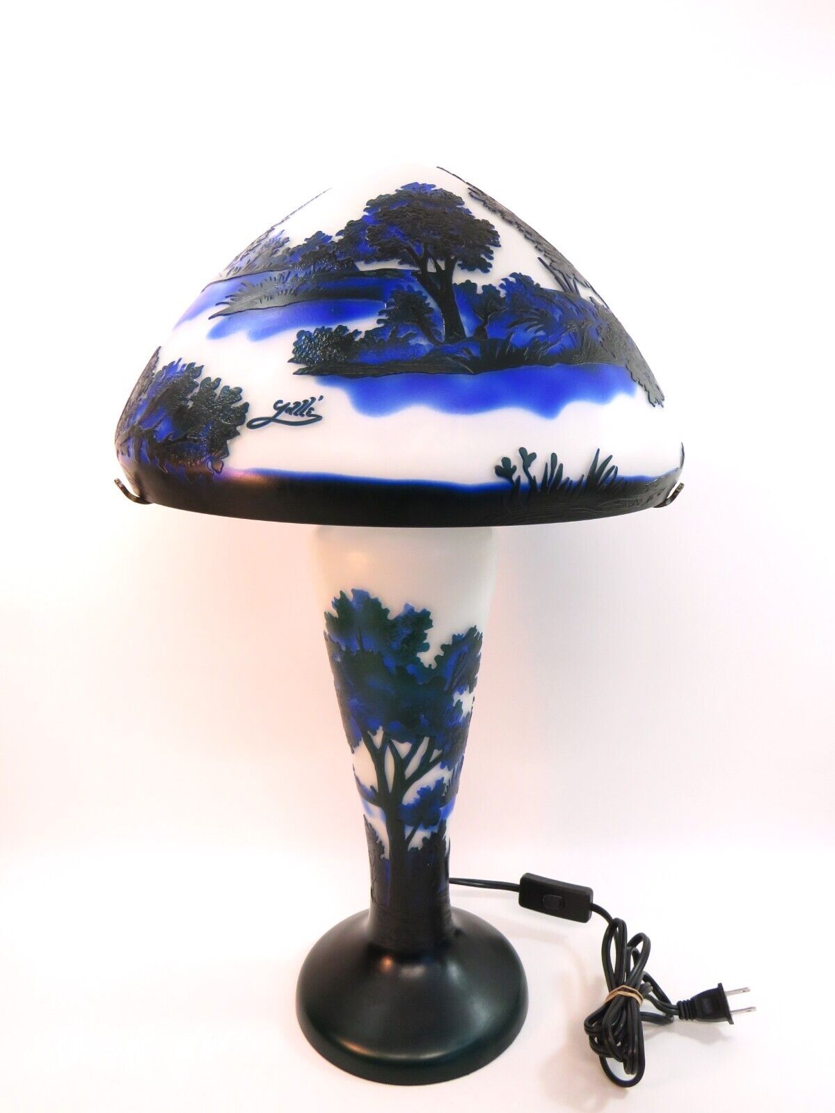 LARGE EMILE GALLE CAMEO GLASS WHITE & BLUE LANDSCAPE SCENE LAMP - REPRODUCTION