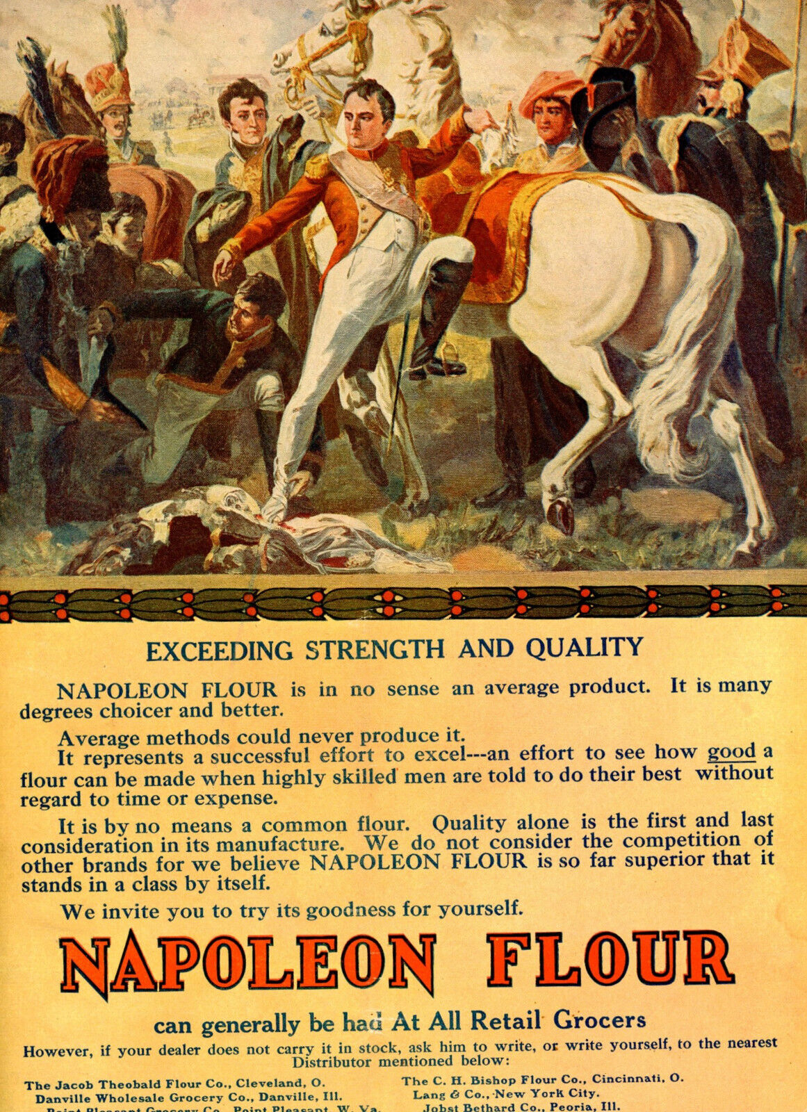 1909 Original Napoleon Flour Oversized Ad. Mounting Horse In Battle. Lg Color Pg
