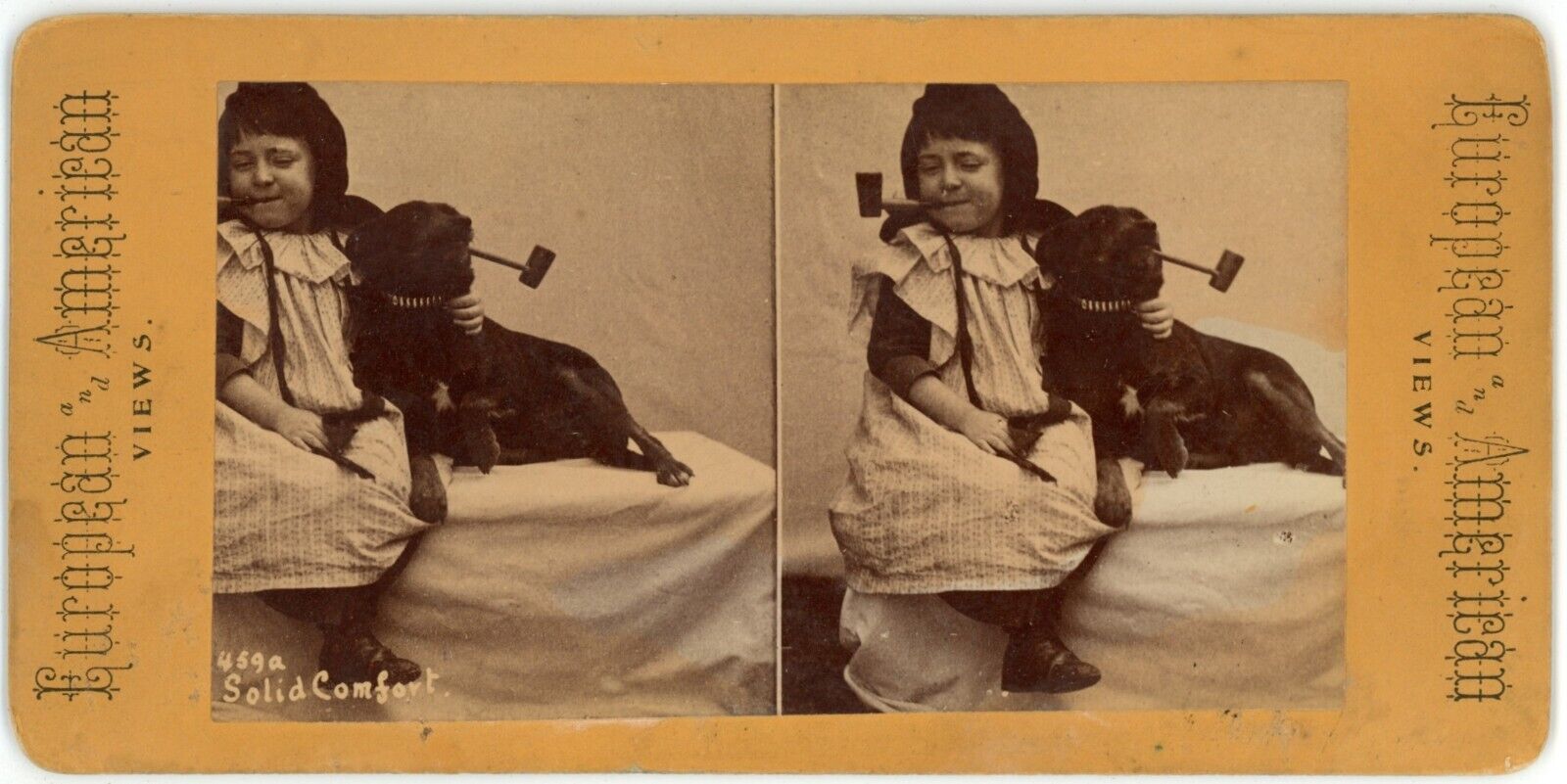 c1900's Very Rare Real Photo Stereoview Card Little Girl & Dog Smoking Pipes