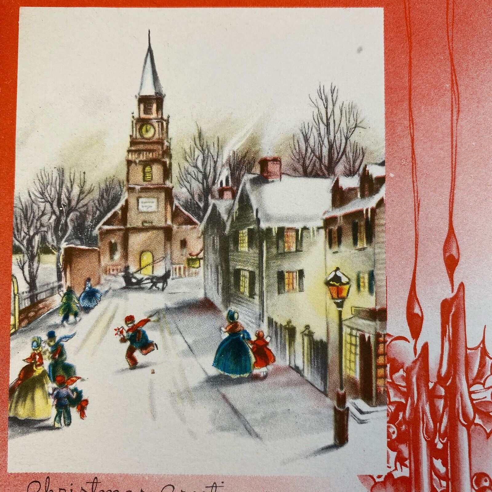 Vintage Early Mid Century Christmas Greeting Card Town Square Villagers In Snow