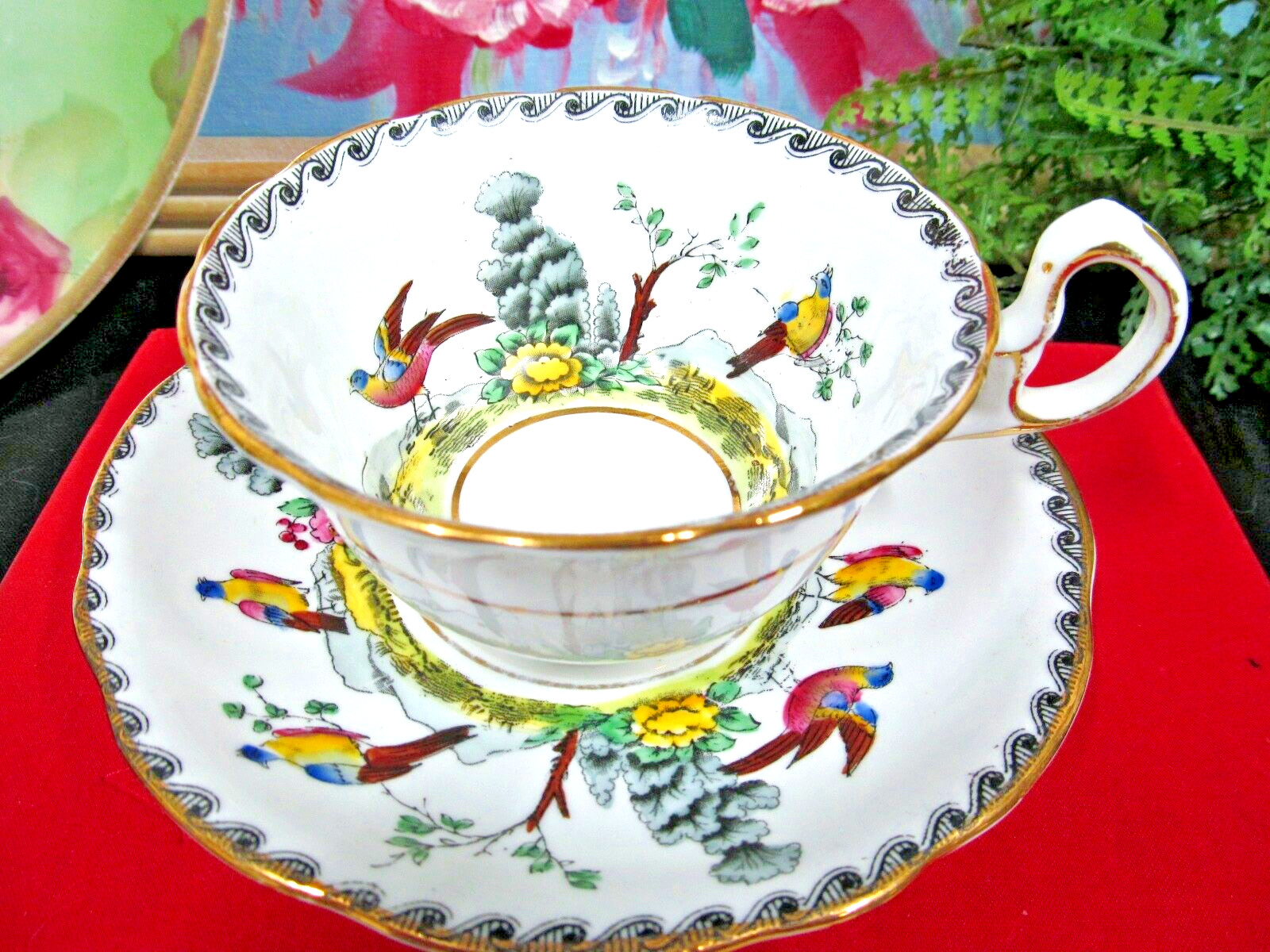 Royal Stafford tea cup and saucer painted Exotic Bird pattern teacup England