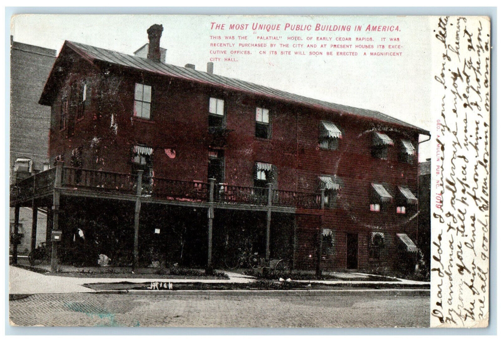 1906 View of Palatial Hotel Cedar Rapids Iowa IA Wilber NE Posted Postcard
