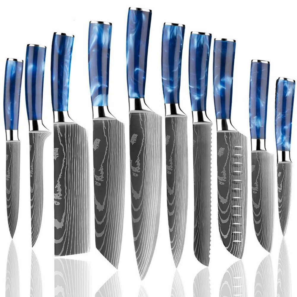 10PC Blue Japanese Kitchen Knives set Damascus Pattern Chef Knives Set Scabbard