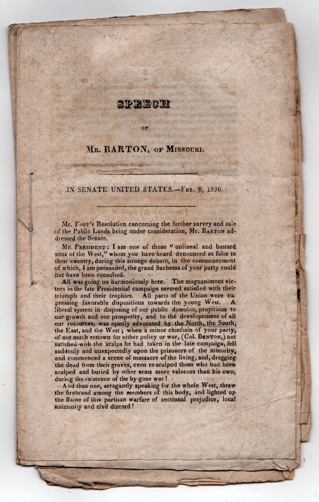 1830 Speech of U.S. Senator David Barton of Missouri  Pamphlet