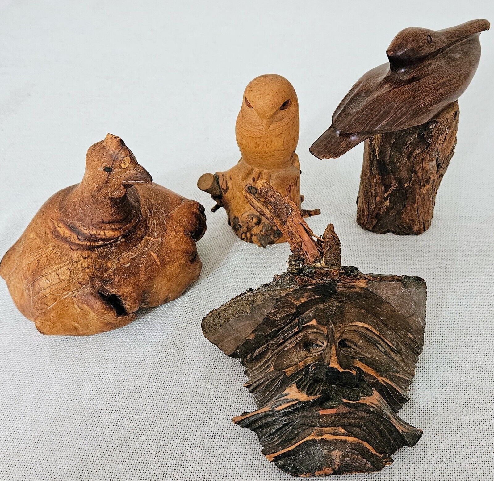 Vintage Set Of 4 Hand Carved Wooden Figurines Birds & Face