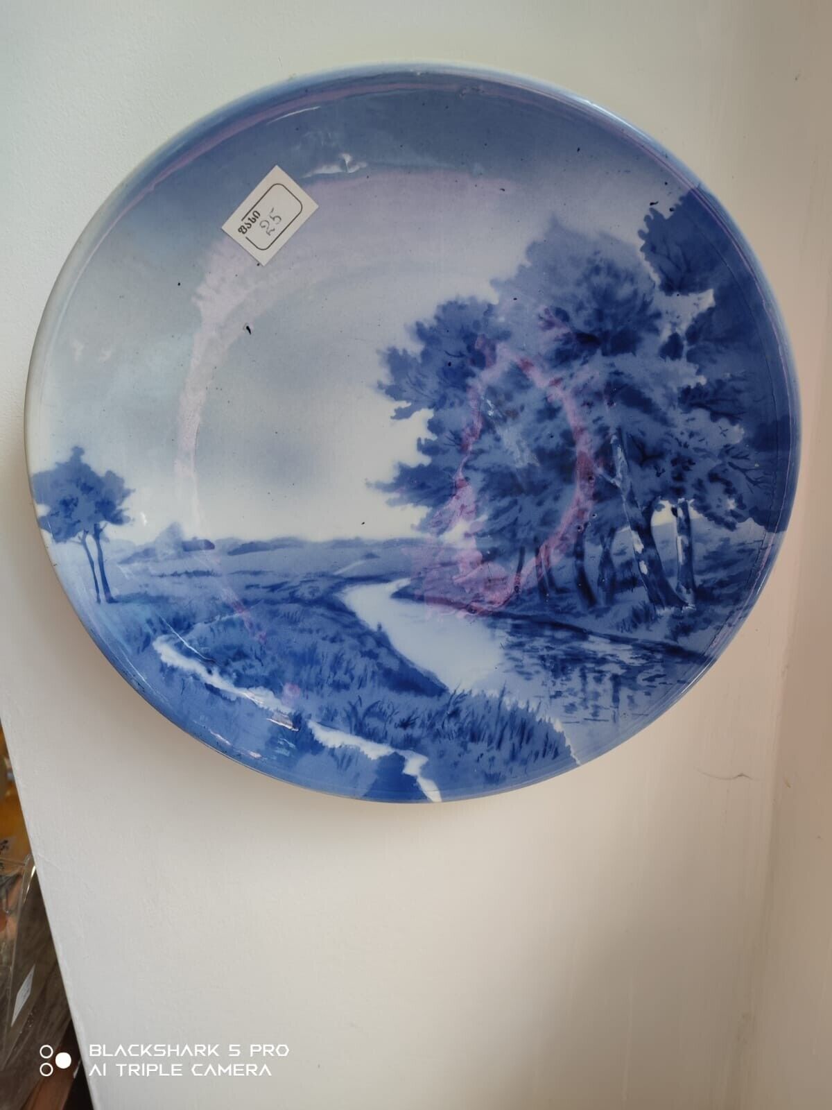 Blue plate river and trees / Antique Handmade Plate Collectible 