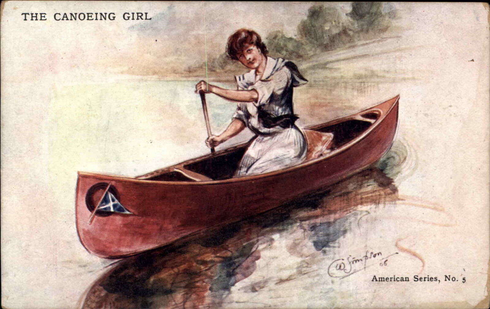 Canoeing Girl American Series No 5 Beautiful Woman Wooden Canoe c1905 Postcard