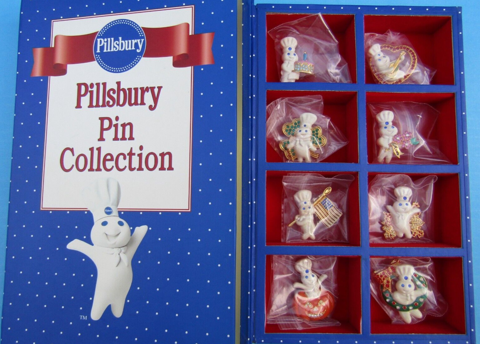 FS PILLSBURY DOUGHBOY 8 PC PIN COLLECTION SET w BOOK DISPLAY BOX by Danbury Mint