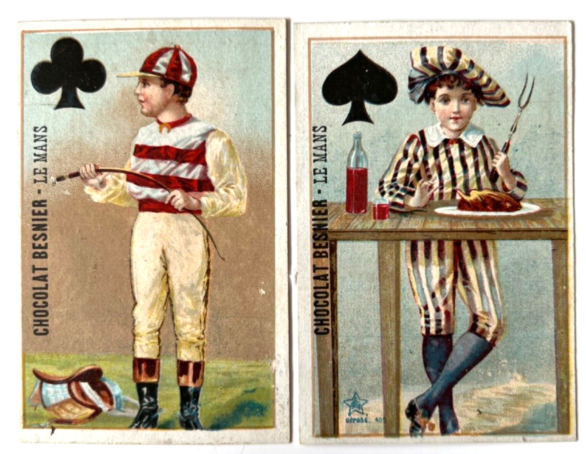 Pair Antique French Chocolate Besnier  Victorian Trade Cards 4 1/4” by 2 3/4” A2