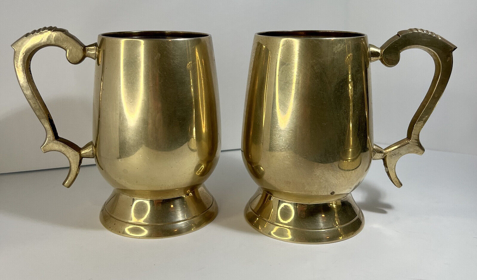Pair (2) Vintage Large Brass Beer Mugs Ornate Handles 5” Tall Holds 16 ozs India