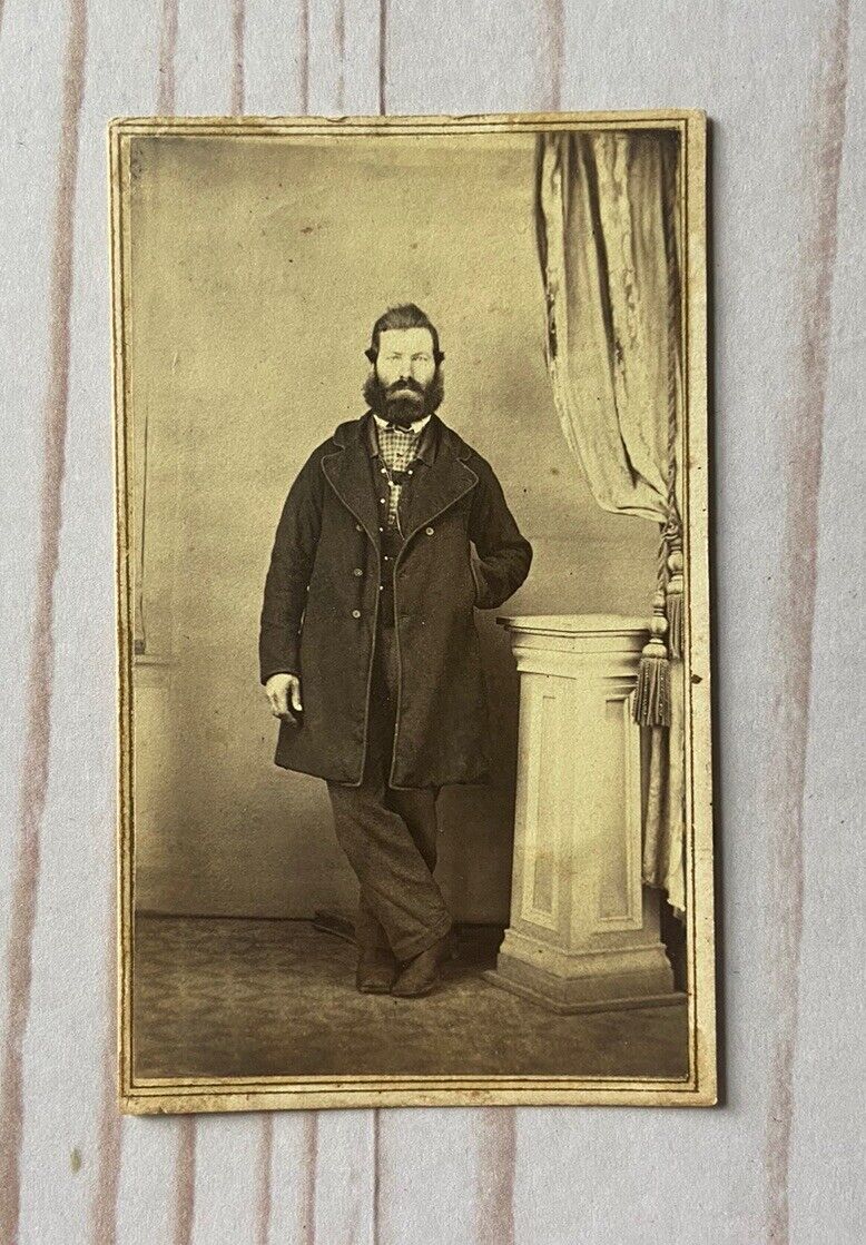 Antique CDV Photo Man Big Beard Oversized Coat Covington Indiana Revenue Stamp