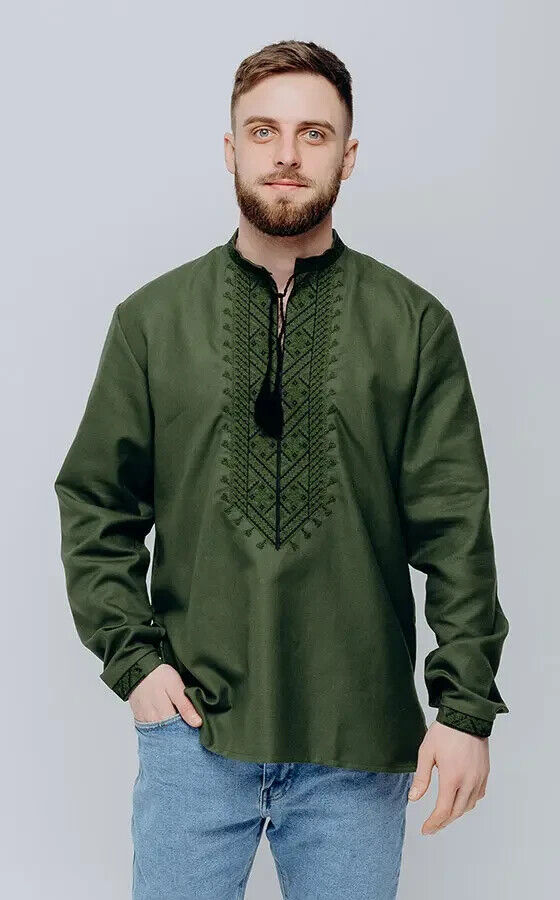 Cotton embroidered shirt for men, olive, military. Embroidered shirt in traditio