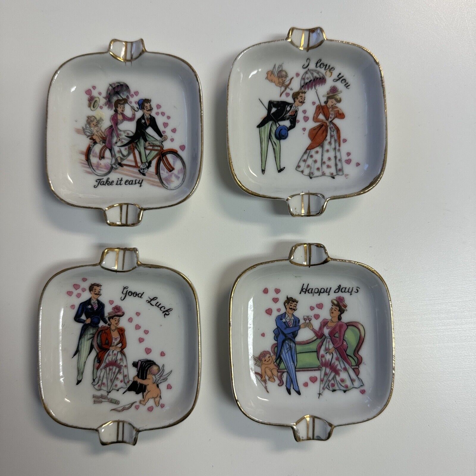 4 Vintage Ashtrays Victorian Sweethearts w Cupid And Holder