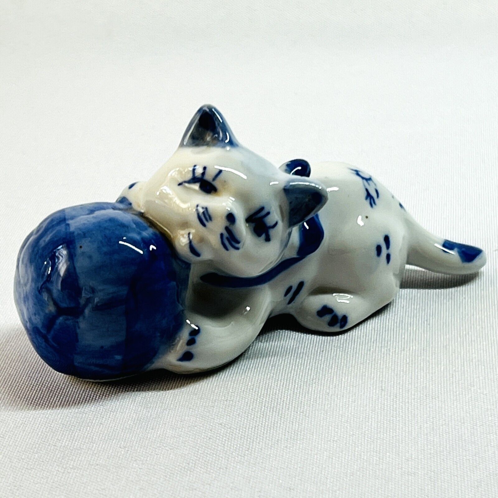 Vintage Asian Blue White Playful Kitty with Yarn Ball Porcelain Figurine