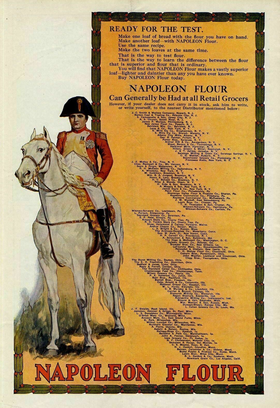 NAPOLEON FLOUR CAN GENERALLY BE HAD AT ALL RETAIL GROCERS NAPOLEON ON HORSEBACK