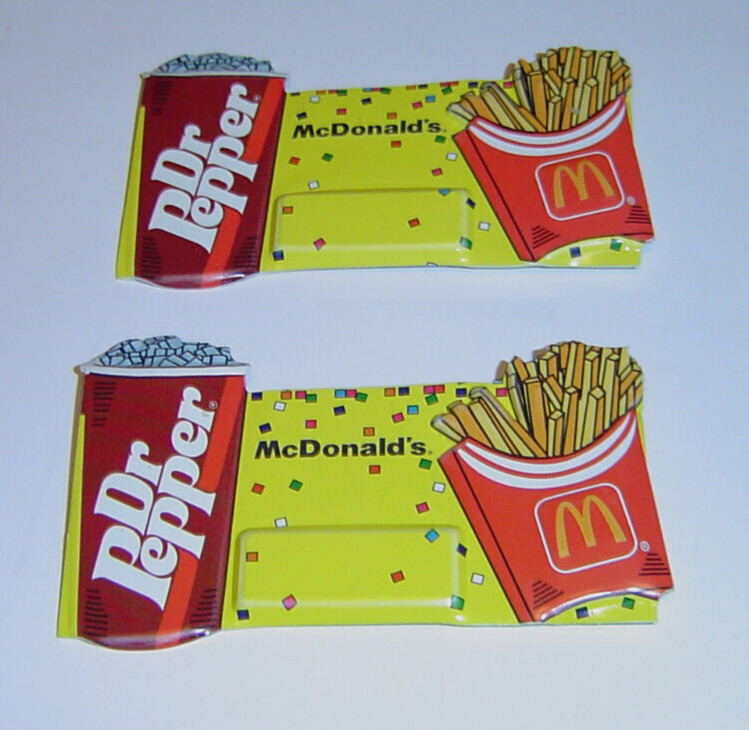 Vtg. McDonald\'s Pin Back Super Size Fries Dr. Pepper Name Tag USA Lot of 2 NOS