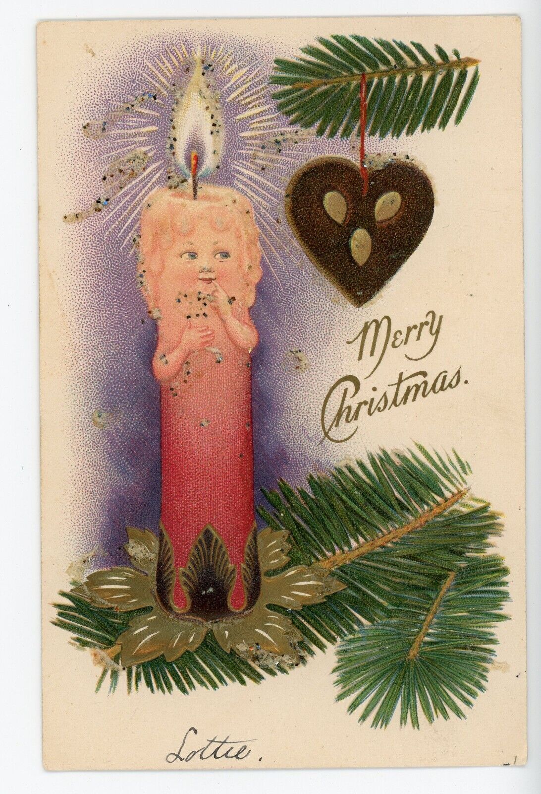 Fantasy Postcard Merry Christmas Anthropomorphic Candle Heart Ornament
