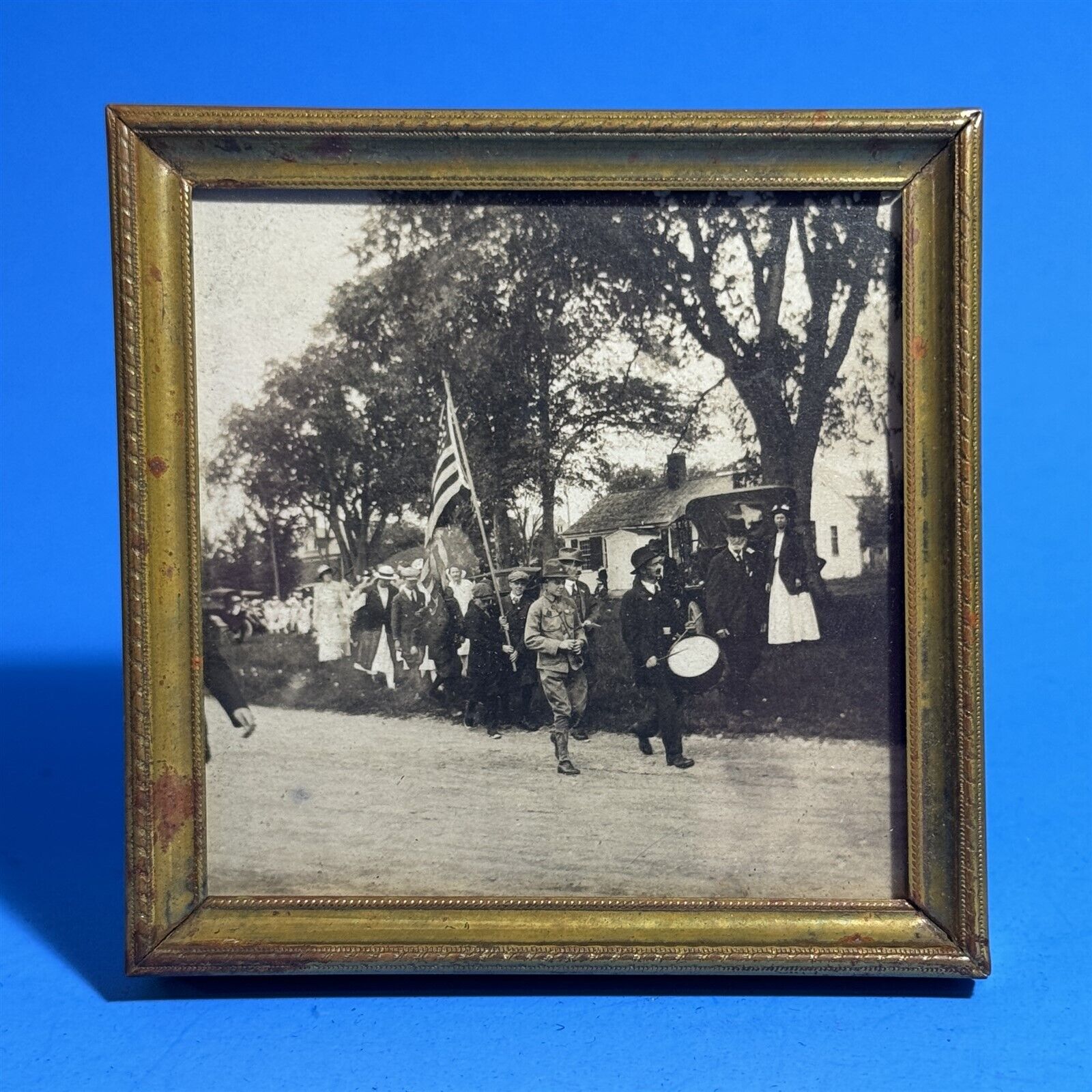 Antique c. 1920 Photo Memorial Day Parade Marchers in Small Frame