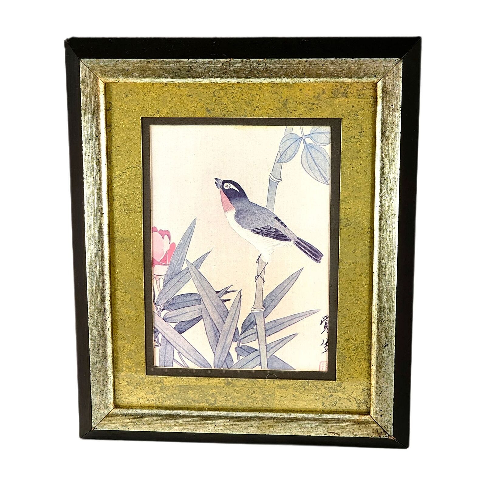 Vintage Japanese Bird Painting Gold Framed Finch Sparrow Signed Academy Arts 12\
